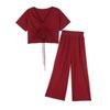 Sports Suit Women's Summer V-neck Short-sleeved Wide-leg Pants Two-piece Set Korean Style Loose Women's Casual Wear Fashion