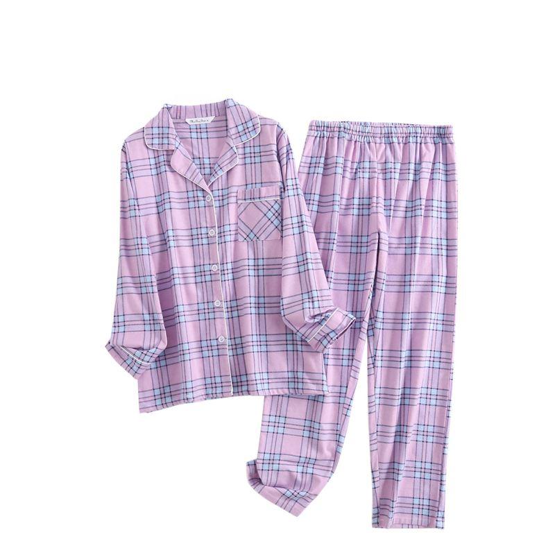 Women Plaid Casual Pajama Set Button Shirt Top and Pants