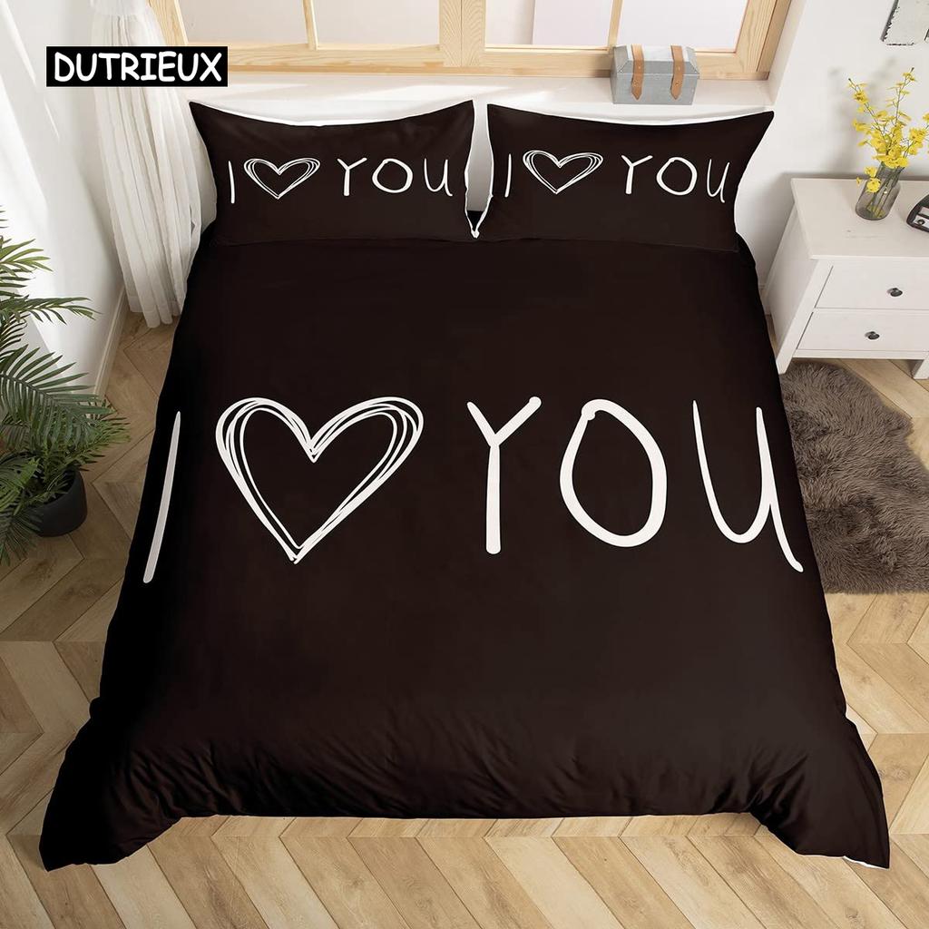 Black and White Duvet Cover Set King and Queen Bedding Set for Couple Romantic Valentine's Day Presents Polyester Duvet Cover