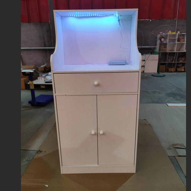 Cabinet - Wooden sideboard, 2 AC power ports/2 USB ports, Bluetooth LED light strip, single drawer, white.