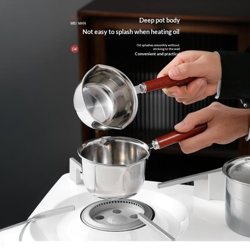 BPA Free Stainless Steel Oil Pot Fast Heating Anti-Scald Wooden Handle Dripless for Home Kitchen Seasoning Oil Pouring