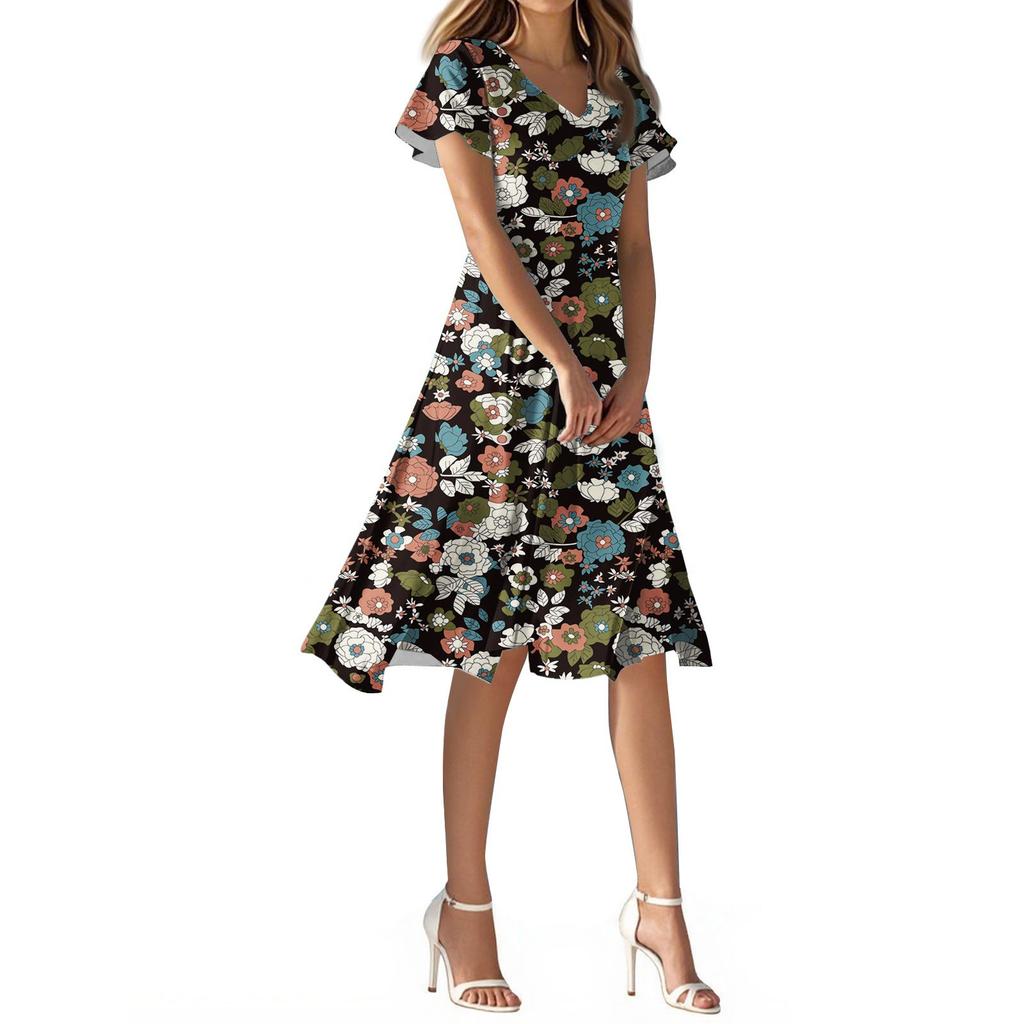 Damen Sommerkleid, lässig, modisch, Blumendruck, V-Ausschnitt, kurzärmelig, kurzer Rock