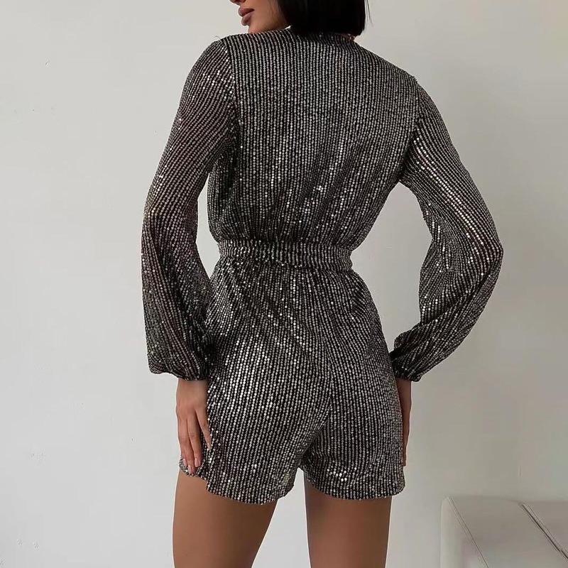 Dámská móda Flitrované dlouhé rukávy Spojené šortky Jednobarevné Sexy hluboký výstřih do V Pás Dekorační šortkový oblek Párty Sukně