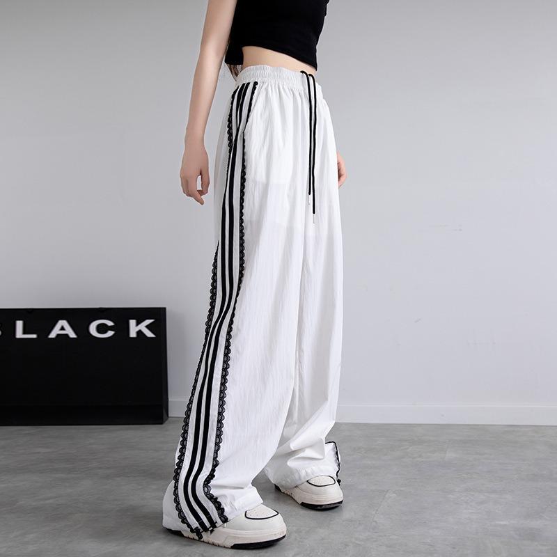 Side striped wide-leg casual pants women's spring new elastic high-waisted straight sports loose and thin pants