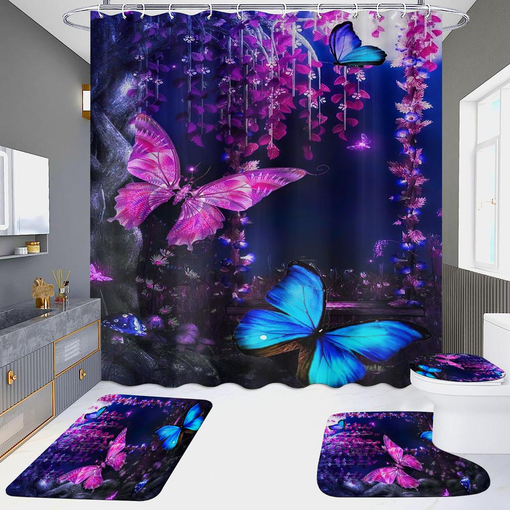 4-Piece Shower Curtain Set with HD Digital Printing | Waterproof, Drill-Free, Ideal for Home/Hotel Bathroom Partition