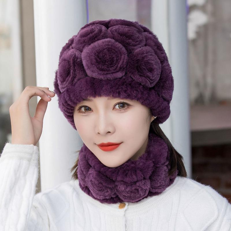 Woman Autumn Winter Warm Hat Otter Rabbit Fur Hat Versatile Ear Protection Cap Knitted Fur Hat Scarf Set