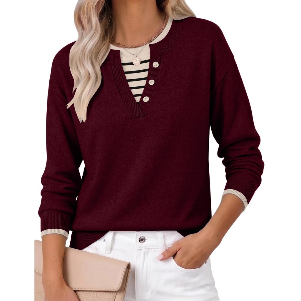 Women's Fashion Casual Long Sleeve V Neck Knit Sweater Top for Fall and Everyday Wear