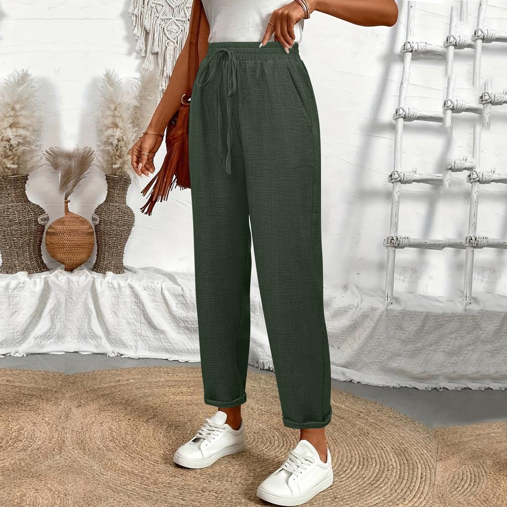 Drawstring Waist Slant Pockets Pants Casual Loose Tapered Pants For Spring  Summer  Women's Clothing
