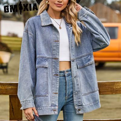 Spring Autumn Solid Color Print All-in-one Slimming Retro Classic Loose Denim Casual Jacket Top for Women
