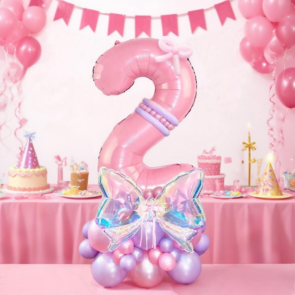 Rainbow Transparent Colorful Bow Balloon Set with 32 inch Pink Digital Balloon 0-9 for Anniversary Birthday Party Decoration