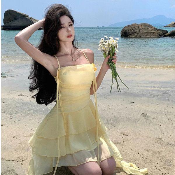 2026 Sweet Girl Yellow Irregular Halter Mini Skirt for Summer Beach Vacation