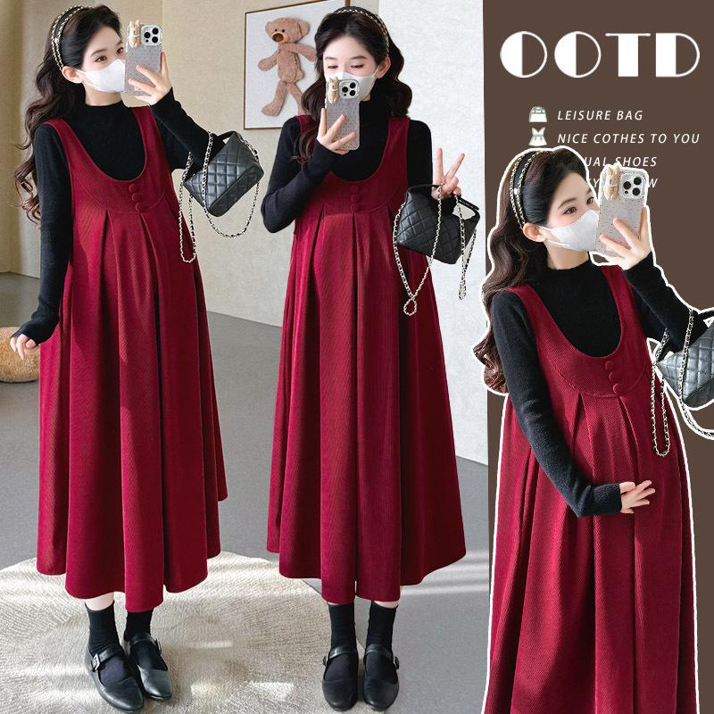 Stylish Winter Maternity Knit Top & Corduroy Overalls Set 2XL