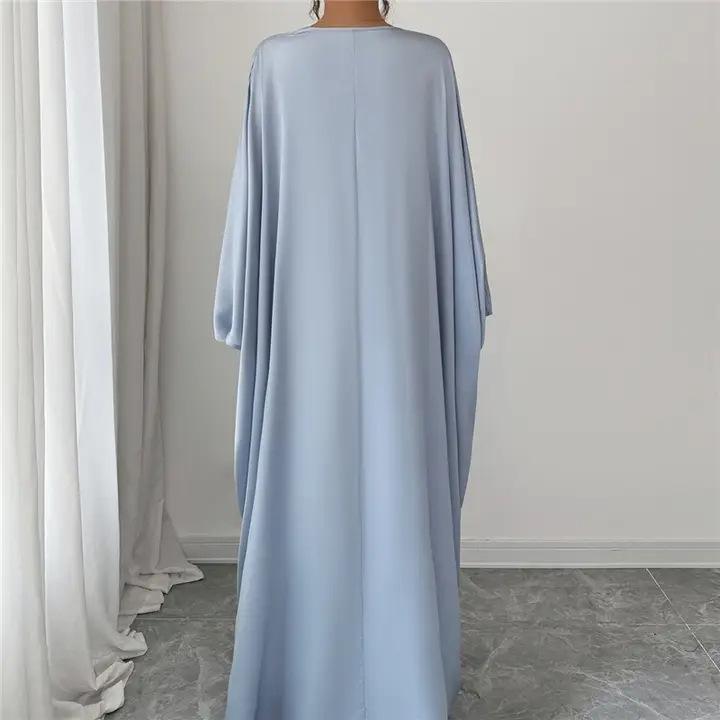 Elegant V-Neck Satin French Dress with Batwing Sleeves and Waist-Cinching Design