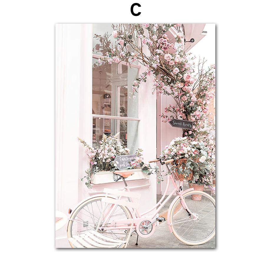 

Розовый уличный вид с цветком в стиле ретро, ​​автомобиль, велосипед, модные настенные художественные постеры на скандинавскую тему, холст, живопись и принты, фотографии для декора гостиной 21*30cm