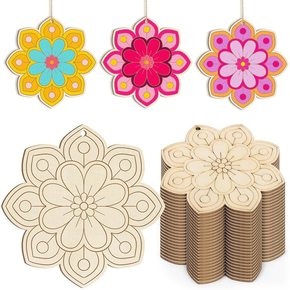10pcs Wooden Flower Ornaments Unfinished Wooden Slices with Hole Wooden Blank Christmas Hanging Ornaments for DIY Crafts