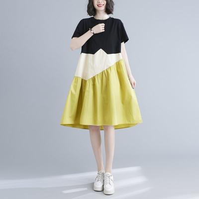Kleid in großer Größe Damen Koreanische Version Locker Vernäht A-Linien-Rock Sommer Bauchbedeckend Kurzärmlig Mittellang Modische Damenbekleidung