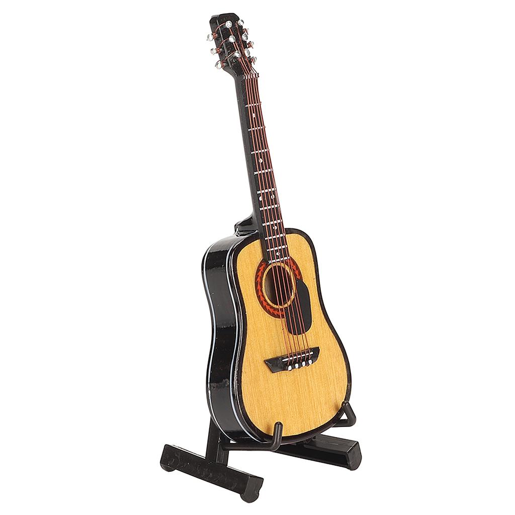 Miniature Wooden Guitar Model Exquisite Realistic Mini Musical Ornaments with Storage Box for Dollhouse Decoration 3.9in