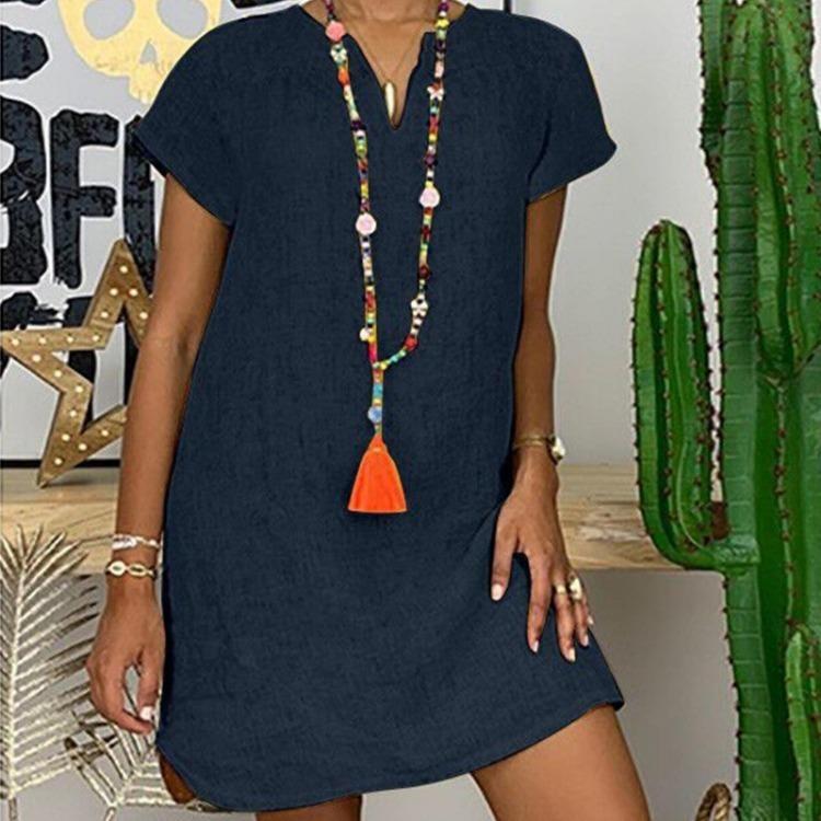 

Women Summer Dress Loose V Neck Short Sleeve Cotton Linen Skirt Fashion XXXXXL темно-синього кольору
