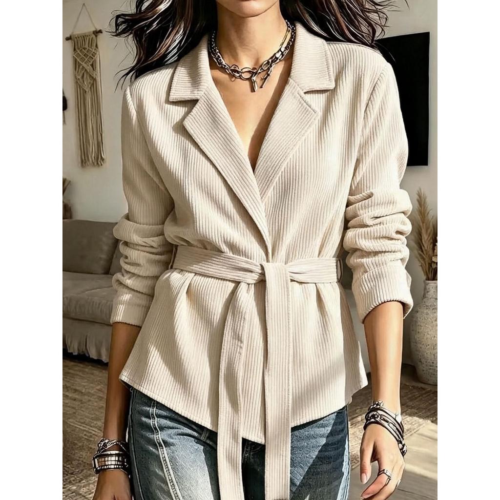 Autumn Winter Women's Corduroy Blazer Collar Solid Color Long Sleeve Coat With Belt, Casual Outerwear For Women