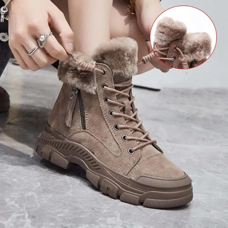 Fashion High quality Genuine Leather Boots Spring Autumn Chimney Fashion Ankle Booties Moccasins Winter Plush Platform Wedge Women Shoes