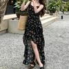 Black Spice Girl Sexy Skinny Front Short Back Long Suspender Skirt New Gentle Temperament Floral Dress Female Summer