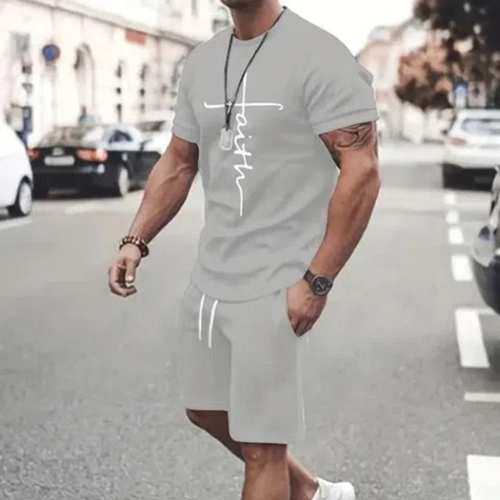 Summer Men's Suit Street Fashion Loose and Comfortable T-Shirt Outdoor Sports Running Fitness Shorts Text Printing