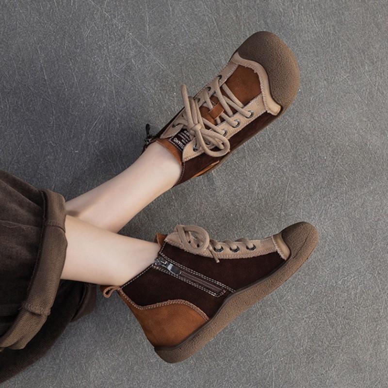 Johnature Mixed Color Genuine Leather Lightweight Comfortable Ankle Boots Retro Versatile Warm Women's Shoes