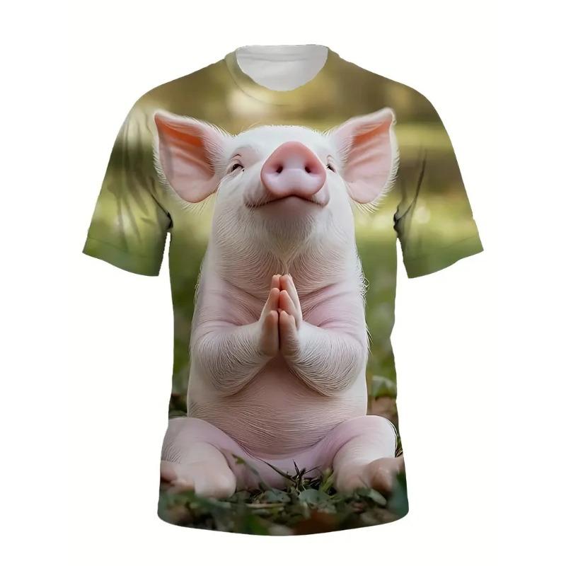 3D Print Men's Funny Flying Pig Graphic T-Shirts Clothes Summer Round Neck Short Sleeve Cute Pig Casual T-shirts