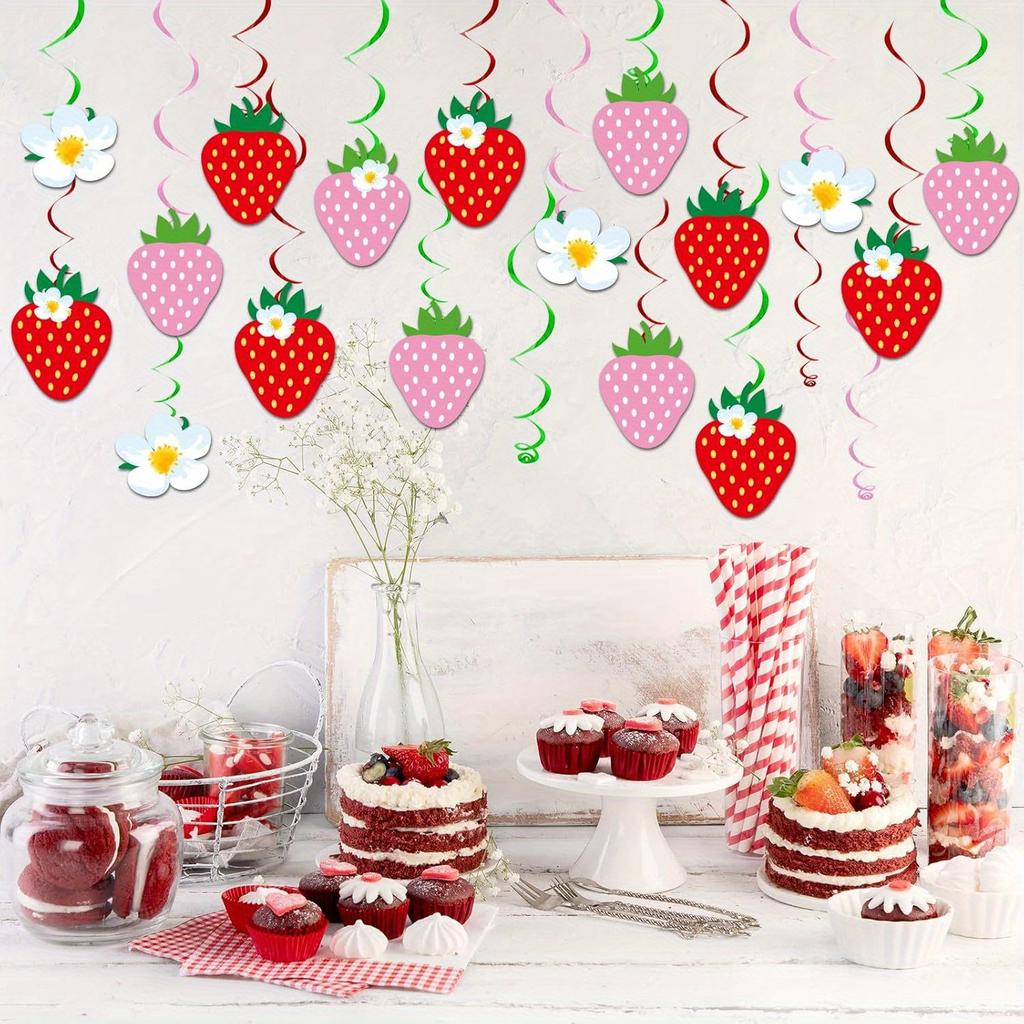 32pcs Strawberry Party Decorations Strawberry Hanging Swirl Berry Birthday Banners Foil Swirls Ceiling for  Birthday Theme Party Favor Supplies