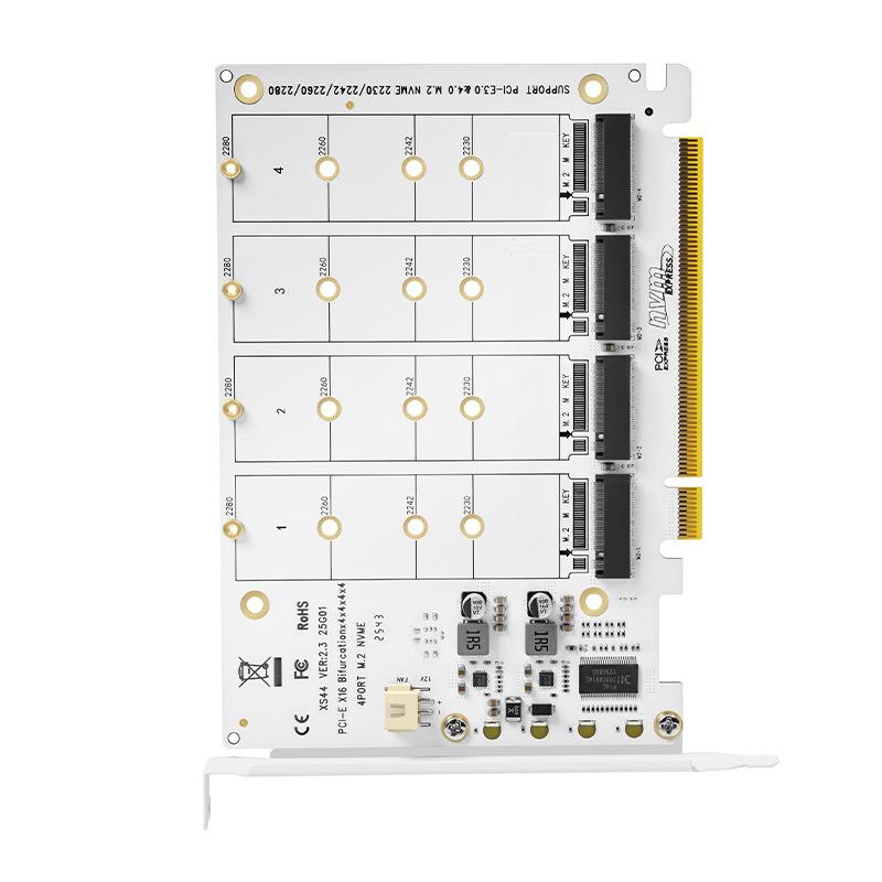 PCIe X16 Quad M.2 NVMe Expansion Card - 4-Bay RAID, Supports Software RAID, 2TB per Drive.