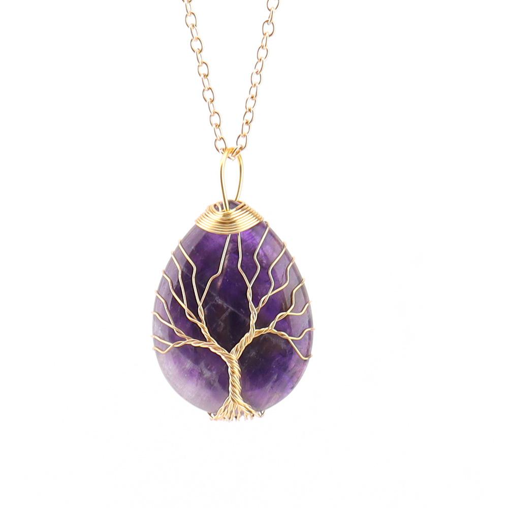 Natural Crystal Water Drop Leaf & Tree of Life Pendant Necklace for Women, Alloy Woven Jewelry Accessory N749