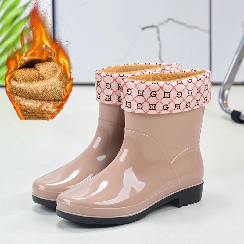 Women Mid Calf Rain Boots Waterproof PVC Shoes Non-slip Rubber Sole