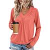 Women's V-neck Pleated Solid Color Casual Long-sleeved Loose T-shirt Top