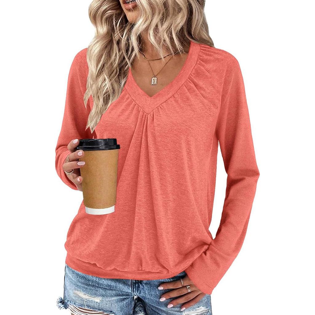 Women's V-neck Pleated Solid Color Casual Long-sleeved Loose T-shirt Top