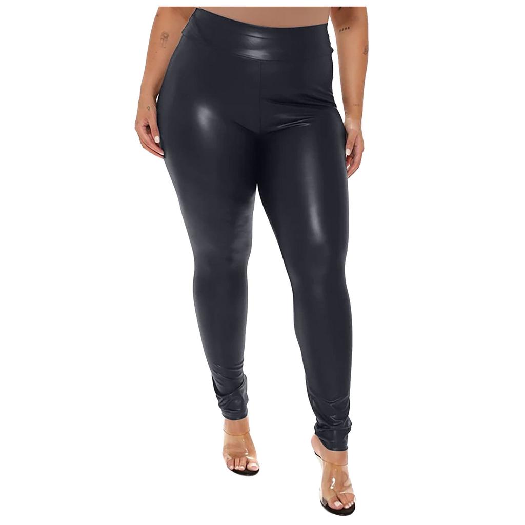 Dames Imitatie Leer Gevouwen Lengte Broek Hoge Stretch En Yoga Broek Sport Hardloopbroek