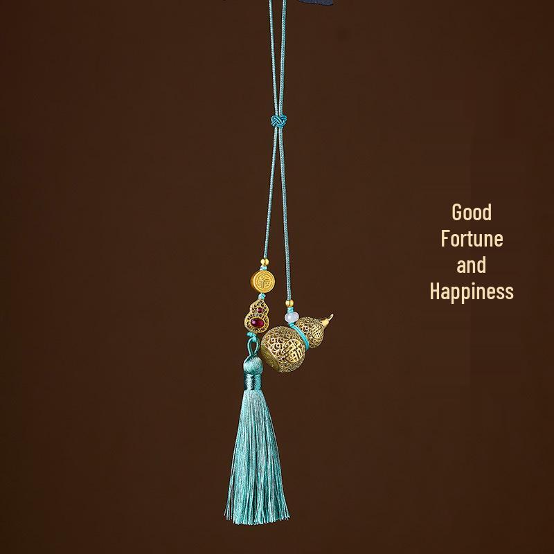Lingyin Yellow Brass Gourd Pendant - Fu Lu Huan Xi Charm, New Chinese Style Car Accessory, Popular Scenic Spot Souvenir.