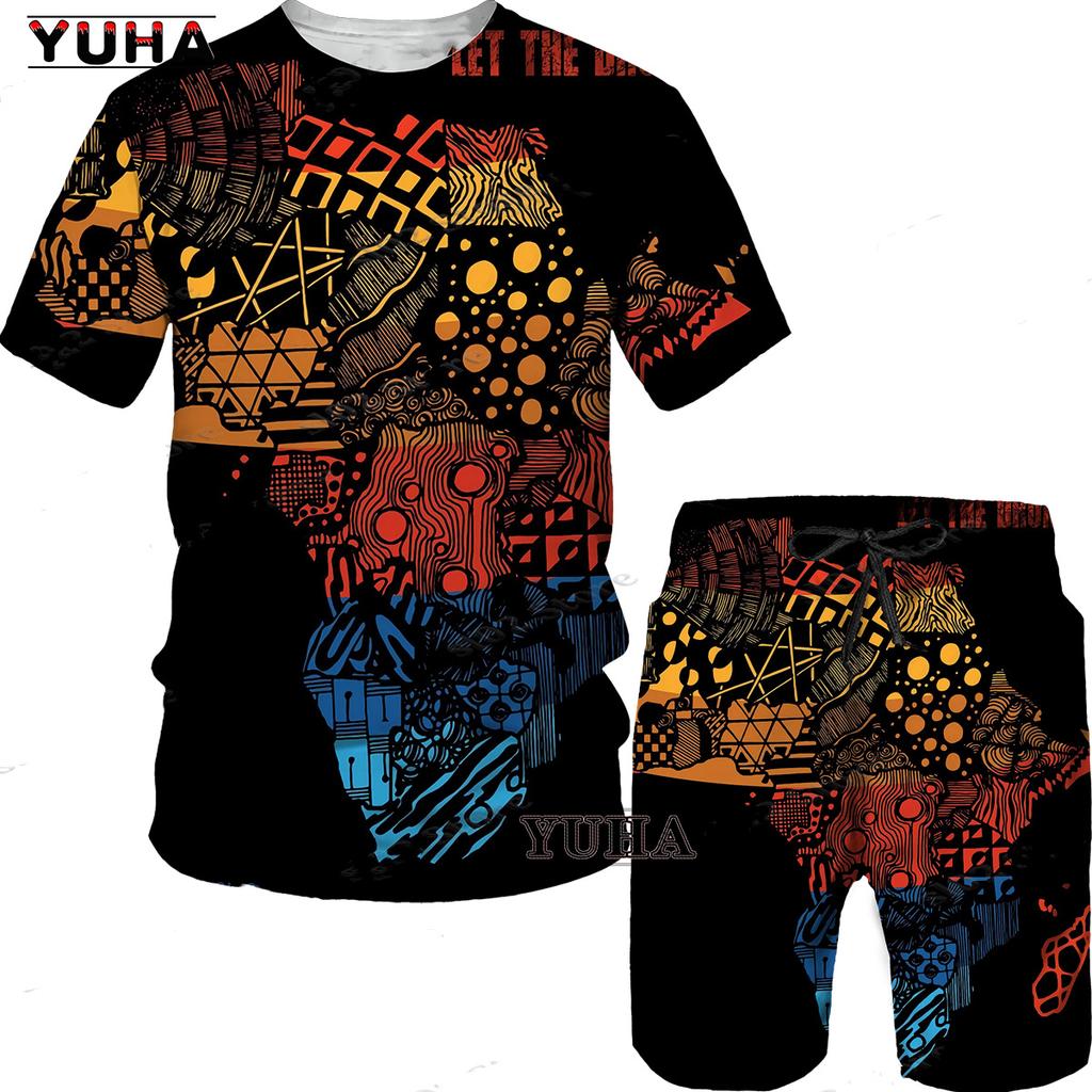 YUHA,Short Sleeve Plus Size Men Retro Ethnic Print Tracksuit Couple Dashiki Clothes Summer African Men's T Shirt Shorts Two Piec