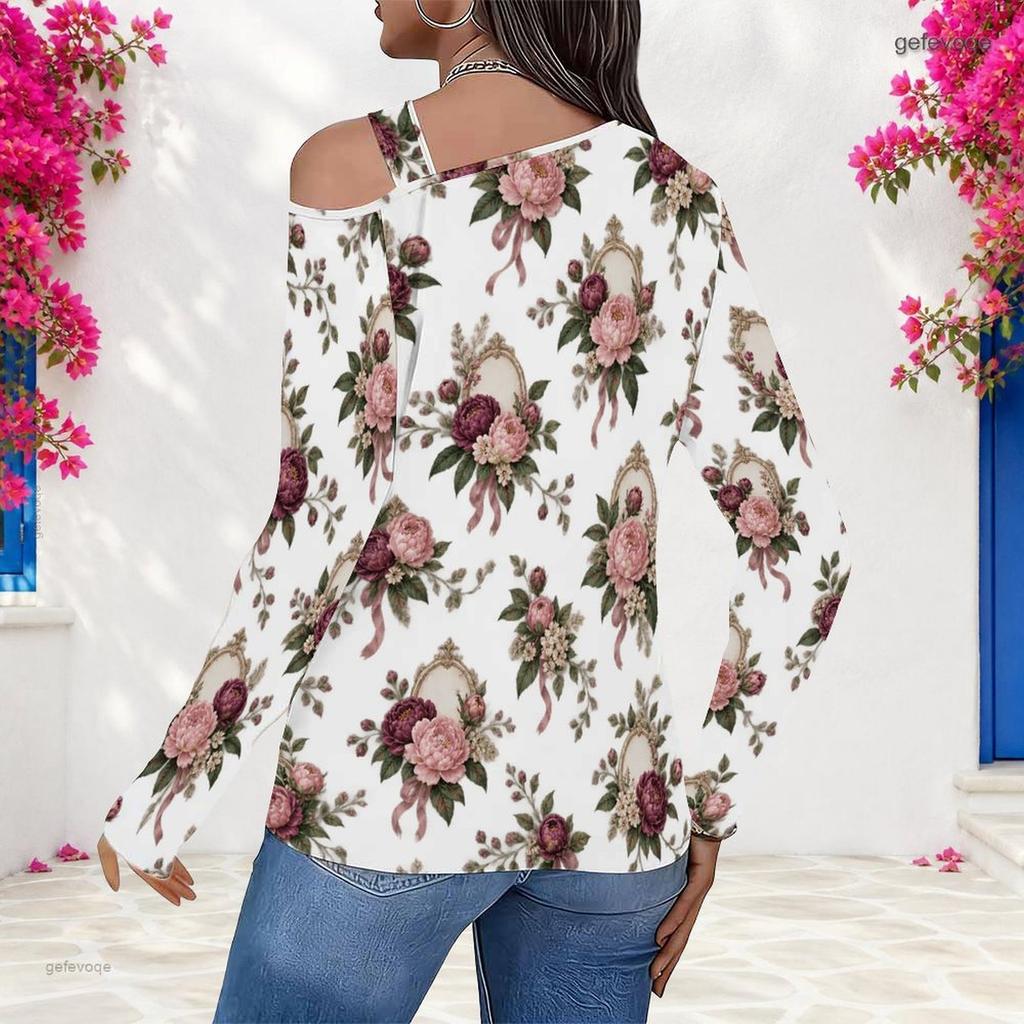 Women Plus Size White Asymmetric Cutout Neck Cold Shoulder Long Sleeve Floral Printed Fitted Top