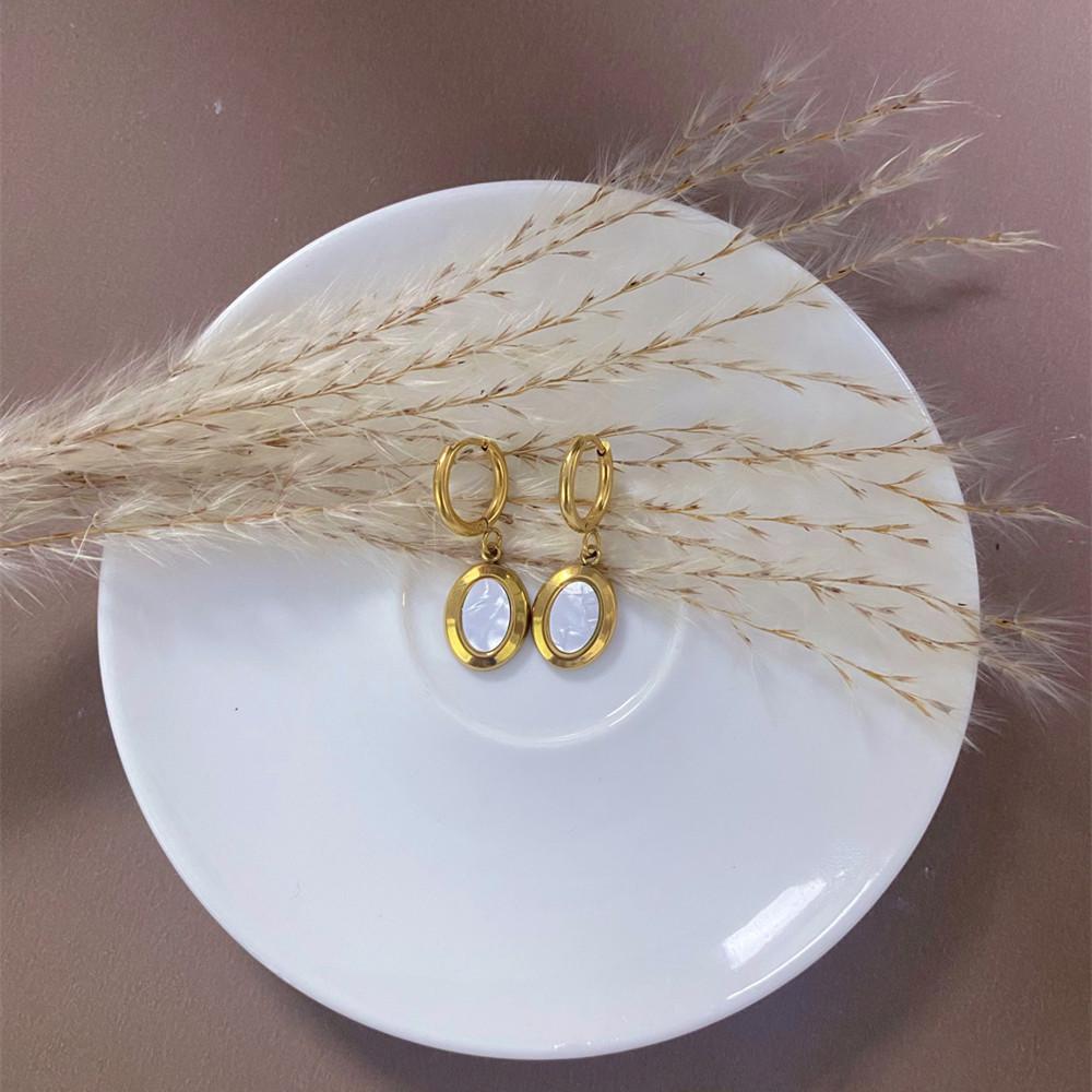 Gold-Plated Stainless Steel Oval Earrings: Artistic Titanium Shell Design for Women