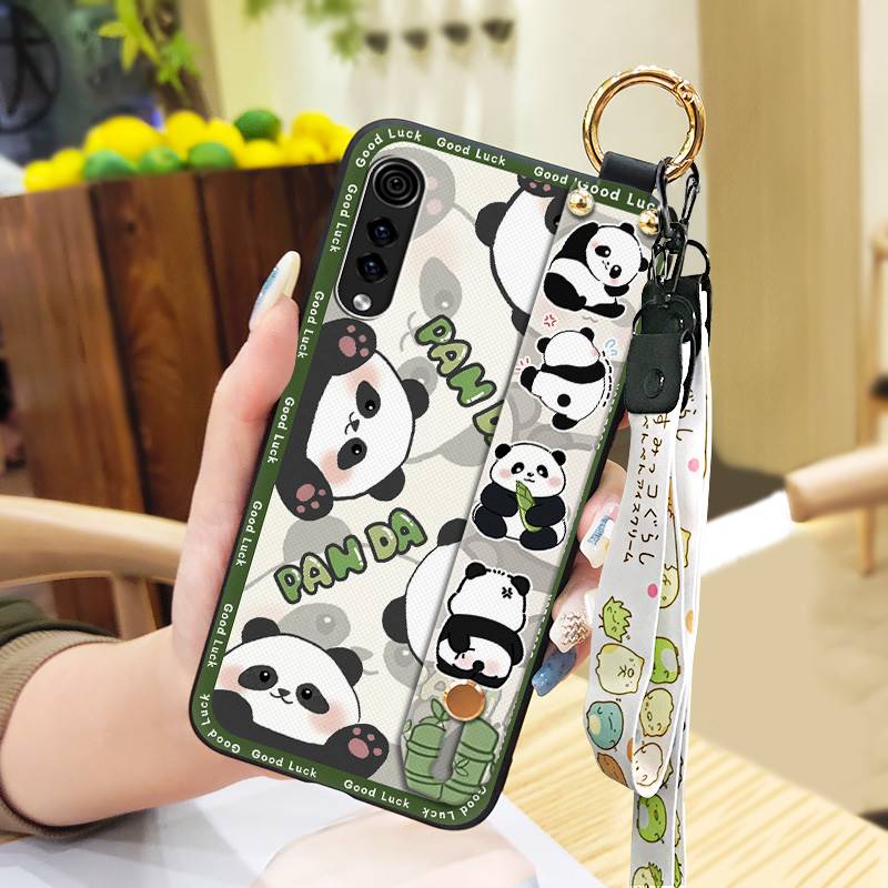 Shockproof Wrist Strap Phone Case For LG Velvet 4G/5G Silicone Soft case Durable Kickstand Cartoon Lanyard Panda Ring