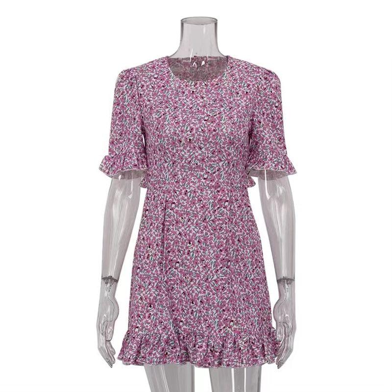 

European and American Summer Floral Short sleeve round Neck Sexy Backless Dress Floral Short Sleeved Dress Pink L