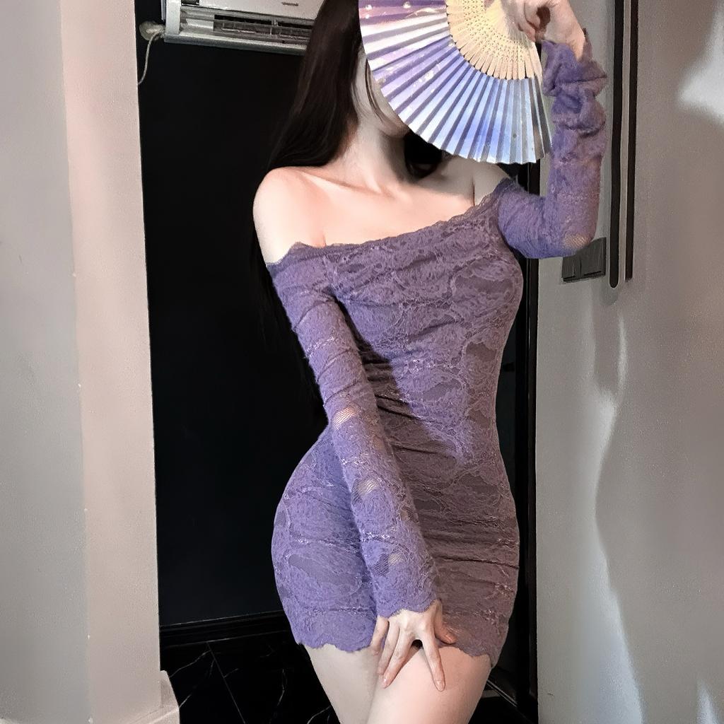 Sexkleidung Übergröße Ein-Wort-Schulter Reines Spitzenkleid Sexy Schlank und Dünn Spice Girl Unterteil Hüftwickel