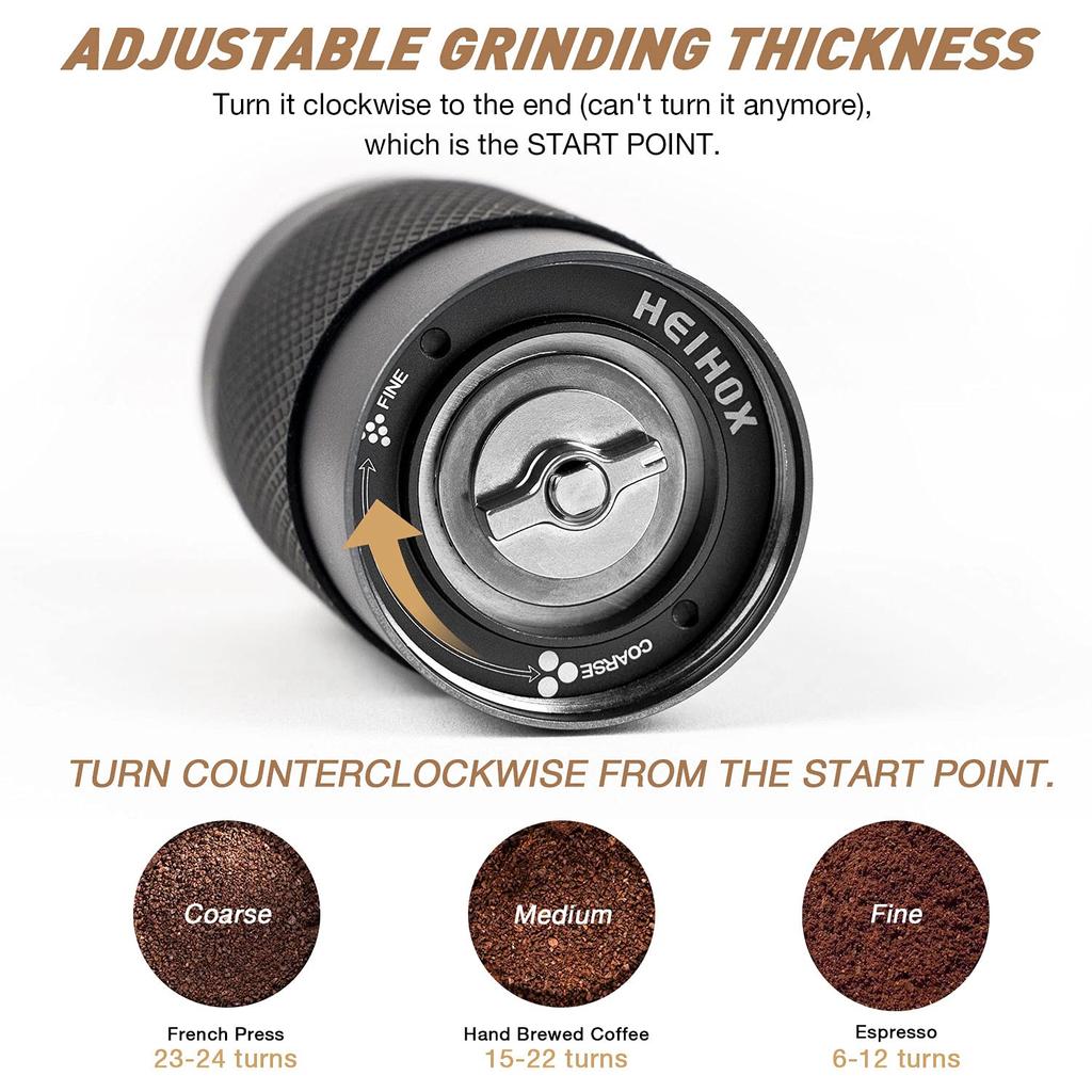 HEIHOX Handheld Manual Coffee Grinder with Adjustable Conical Stainless Steel Burr, 30g Capacity, Portable, Fast Grinding Efficiency, From Espresso
