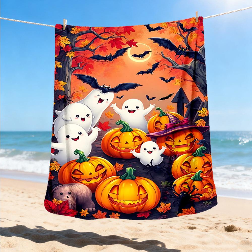 1pc Ghosts and Pumpkins Print Outdoor Blanket, Lightweight Polyester,