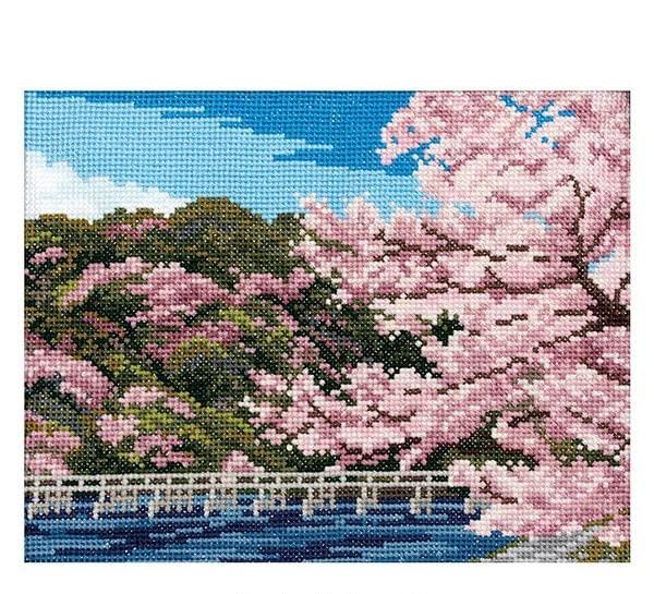 Набор для вышивания LECIEN Cosmo: Времена года и японские пейзажи - Мост Тогэцукё и Сакура - Набор для вышивания крестом №. 522001