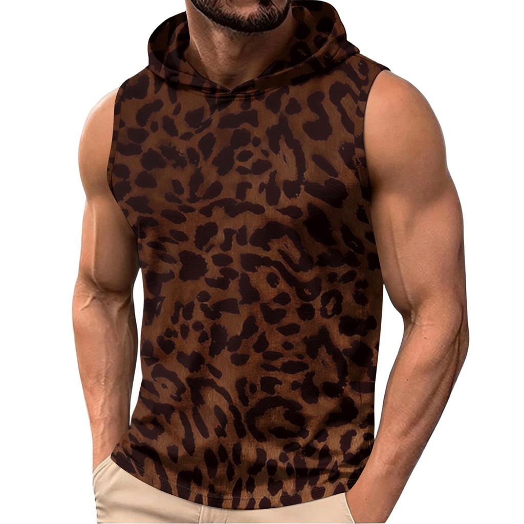Gilet da uomo senza maniche con cappuccio leggero casual con stampa leopardata top estivo da spiaggia maglietta da palestra