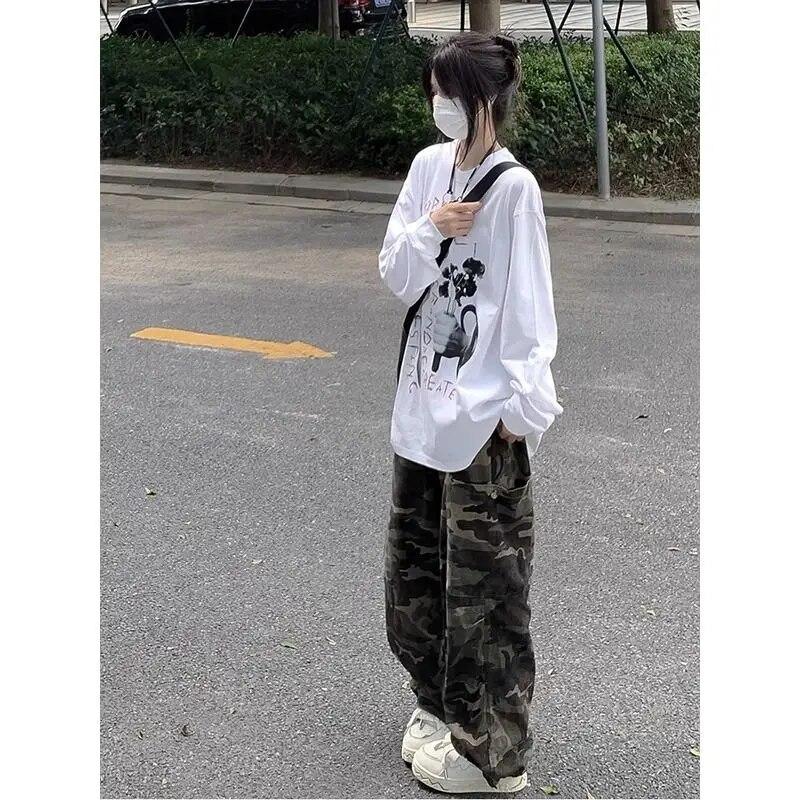 2KWEIRD High Street Oversize Women Camisetas White Vintage Long Sleeve Letter Hand-Painted Tshirts Hiphop Grunge Tops Y2k Tees American