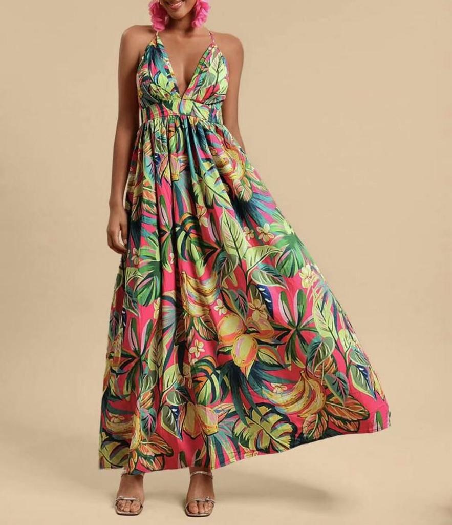 Women's V Neck Sleeveless A Line Dress Slim Fit Mid Rise Boho Floral Print Spaghetti Strap Maxi Dress