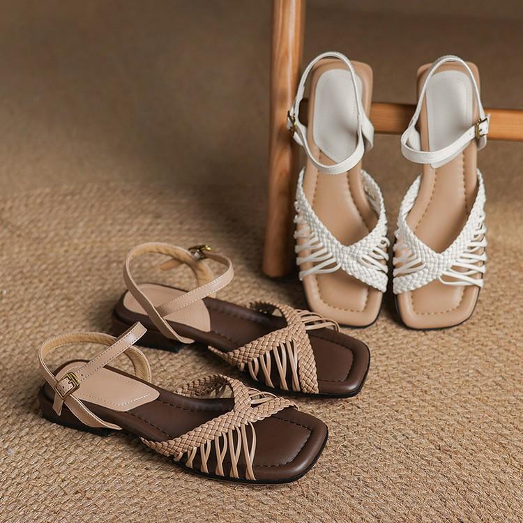 Fashion Square-toed woven flat hollowed-out sandals 2025 summer outerwear fine band open-toe versatile Roman sandals for women