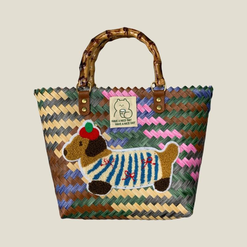 Retro Striped Dachshund Dog Woven Bag Trendy Cute Handbag Large Capacity Tote Bag  Bamboo Handle Vegetable Basket Bag